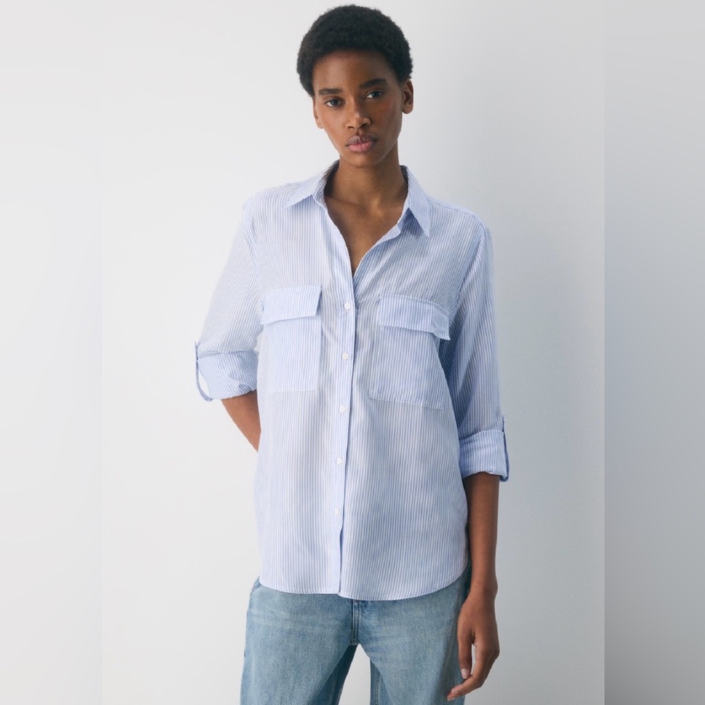 Babaton Light Blue Striped Utility Shirt Size XS